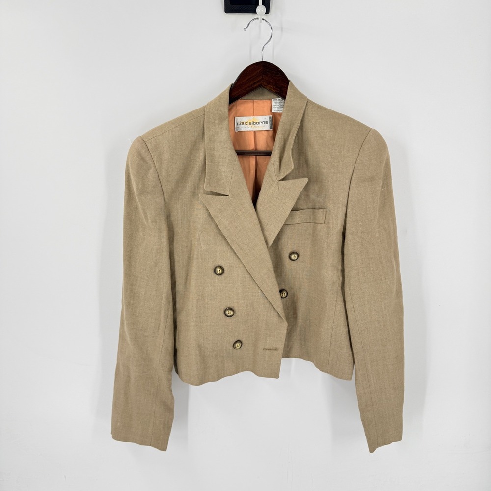 Vintage Liz Claiborne Blazer Tan 10P 100% Linen Cropped Quiet Luxury Sustainable - Picture 11 of 11